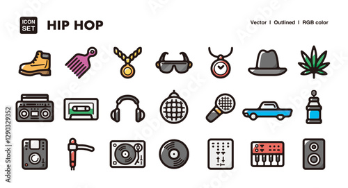 Hip hop illustration icon set.Simple vector outlines, clipart for graphic design.