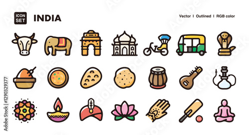 India illustration icon set.Simple vector outlines, clipart for graphic design.
