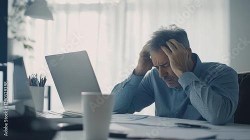 Retirement financial stress in a modern office. Featuring reflection and concern