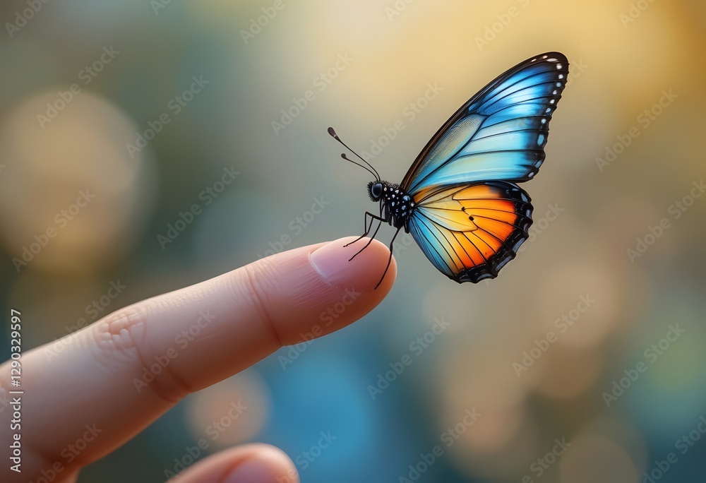 Obraz premium A vibrant butterfly gently resting on the tip of a woman's finger, with delicate wings in hues of blue and orange against a soft natural background 