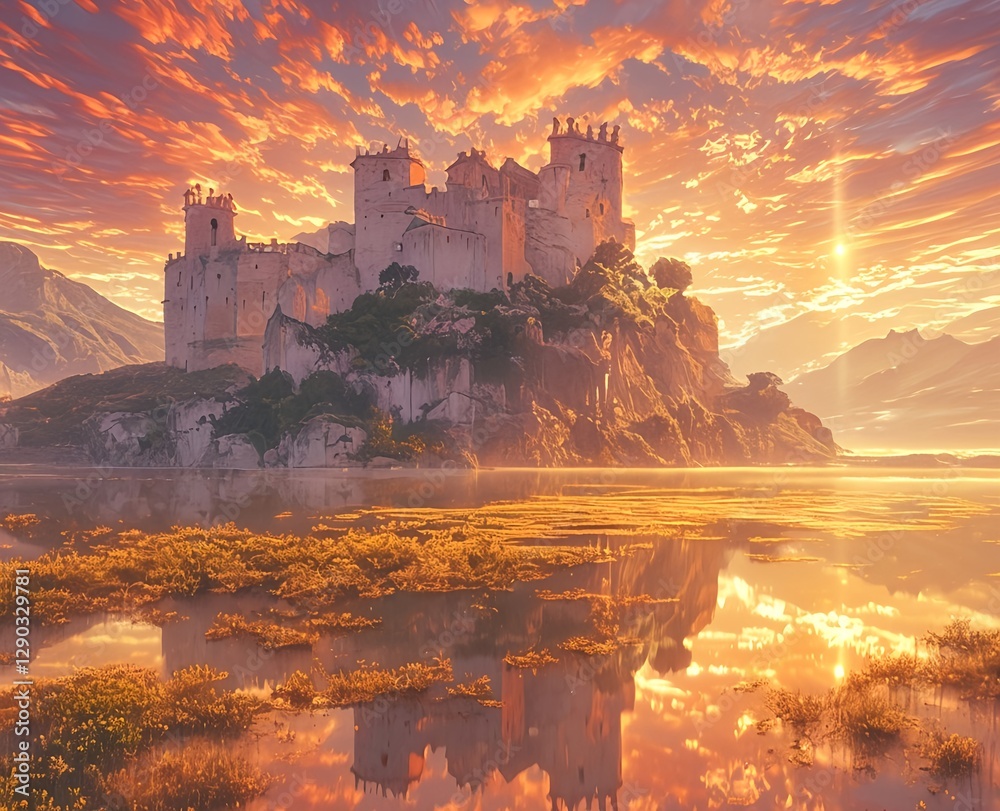 A fortress reflected in the calm sea and illuminated by a golden sunrise A fortress reflected in the calm sea and illuminated by a golden sunrise