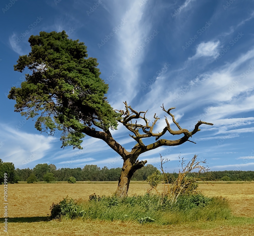 Wind-scarred tree behind the dunes on the Baltic Sea