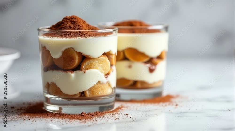 Classic Tiramisu Parfaits in Small Glasses with Distinct Layers of Cream and Ladyfingers A Gourmet Dessert Indulgence Classic Tiramisu Parfaits in Small Glasses with Distinct Layers of Cream and Ladyfingers A Gourmet Dessert Indulgence