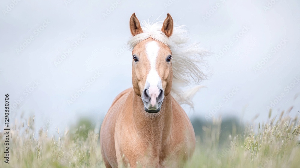 Palomino horse running field, windblown mane, summer