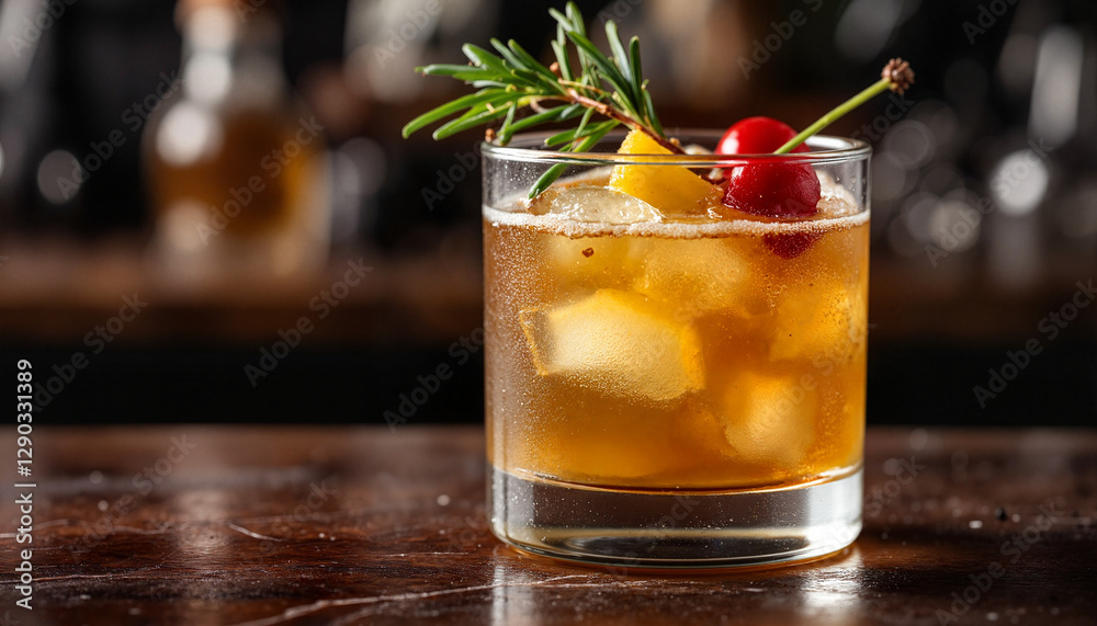 Classic whiskey sour with lemon and cherry garnish on wooden bar, elegance Classic whiskey sour with lemon and cherry garnish on wooden bar, elegance