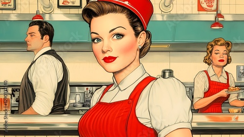 Retro Diner Scene with Women in Red Aprons