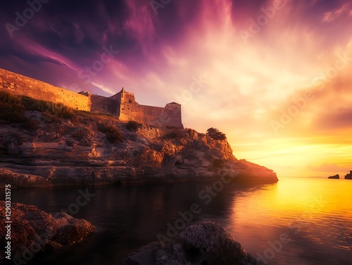 A fortress reflected in the calm sea and illuminated by a golden sunrise