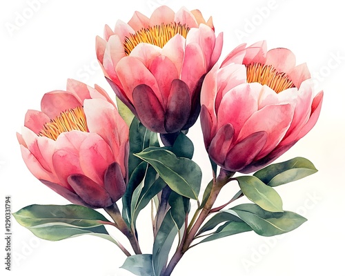 Watercolor Protea bouquet, vibrant blooms photo