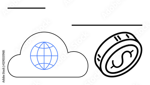 Cloud icon with globe inside and dollar coin, representing global connectivity and financial management. Ideal for cloud services, economics, finance, global business, digital products, online