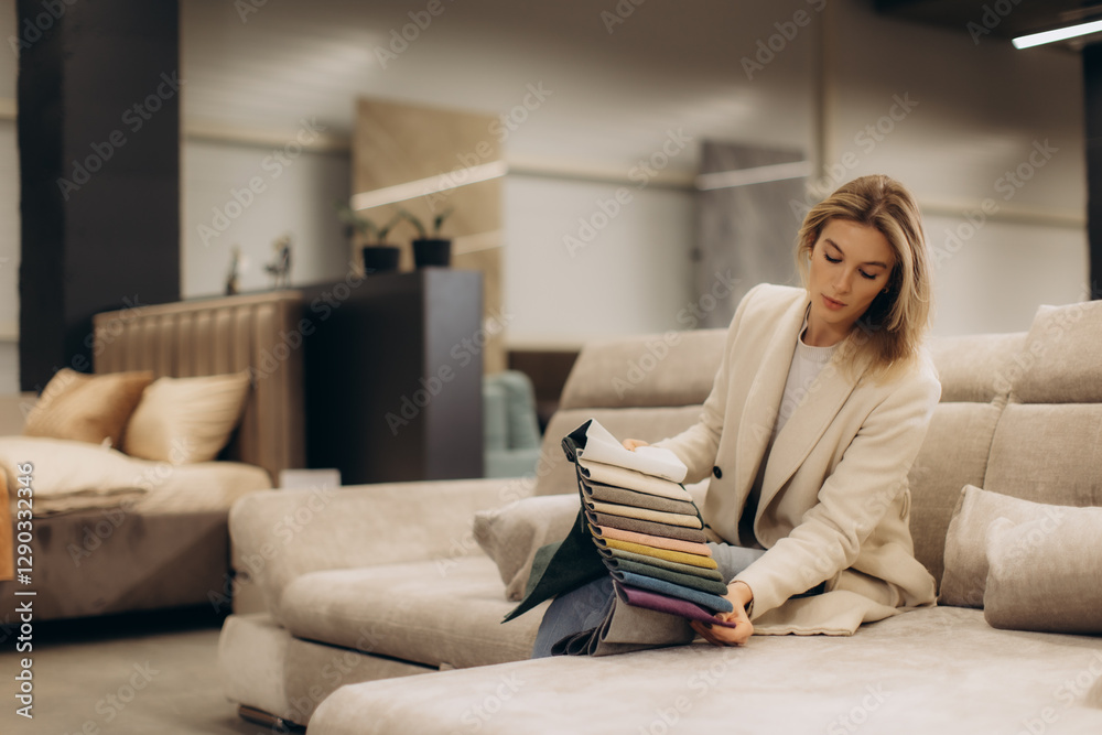 Woman Selecting Fabric Samples on Comfortable Modern Sofa in Furniture Store Woman Selecting Fabric Samples on Comfortable Modern Sofa in Furniture Store