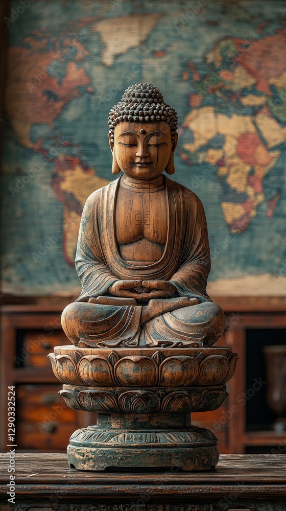 Fototapeta premium Antique Wooden Buddha Statue in Meditation Pose