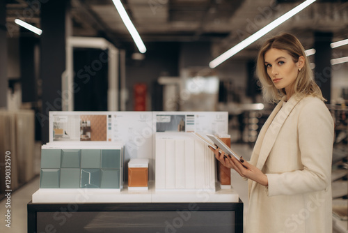 Foto Professional Designer Reviewing Material Samples in a Modern Showroom Setting