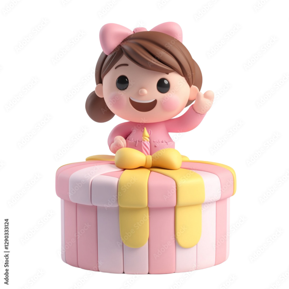 Fototapeta premium Happy girl on birthday cake gift box present