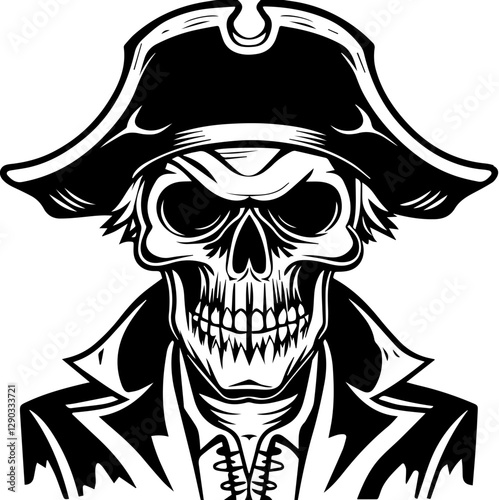 Skull Pirates Dark and Horror-Inspired Pirates Character with Hat and Menacing Expression in Black and White, svg vector.