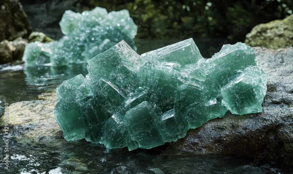 Obraz premium Green crystals on rocks in stream, nature background, geology image