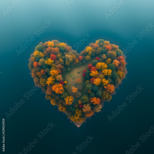 Heart shaped island with vibrant fall foliage surrounded by serene blue water captured in stunning aerial view showcasing the beauty of nature, romance and tranquility, perfect for travel, love and na