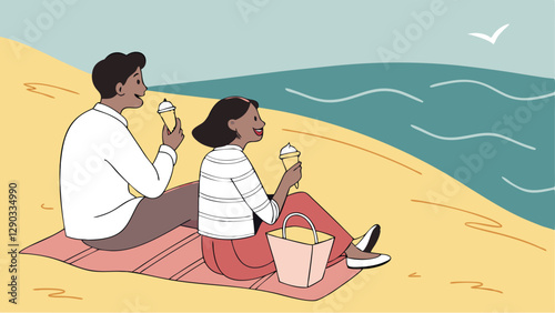 people with picnic by sea man and woman with ice