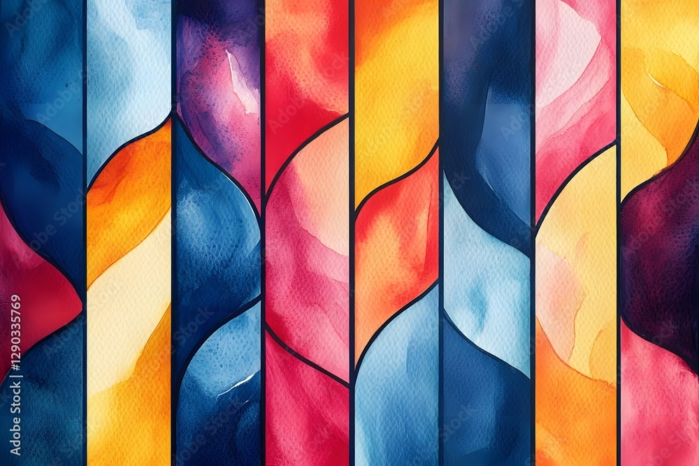 Obraz premium Vibrant Triadic Palette Watercolor Composition with Marbled Windowpane Pattern and Bold Effect