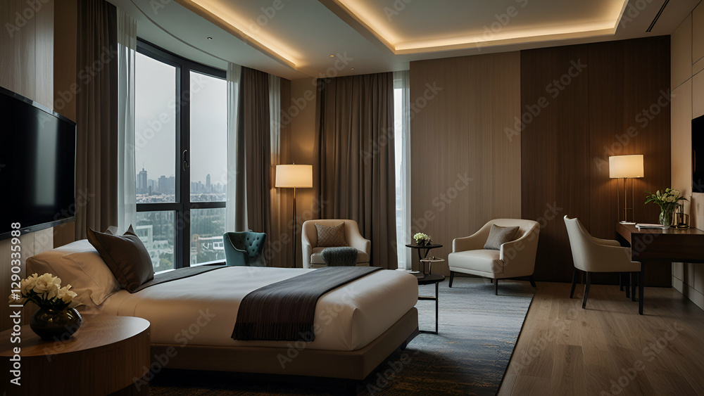 Fototapeta premium Luxurious Hotel Room with a Large Bed Modern Furniture and a Panoramic City View for a Comfortable Stay