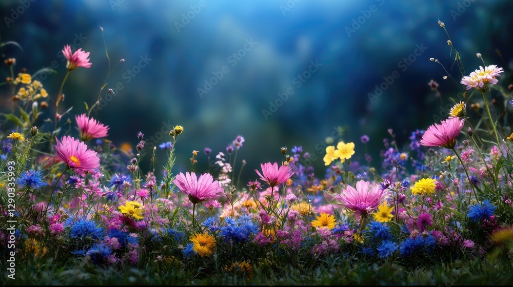 Obraz premium Vibrant wildflowers in a meadow at dusk. Possible use Nature wallpaper