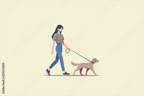 Illustration Young girl walking with dog. Vector illustration.