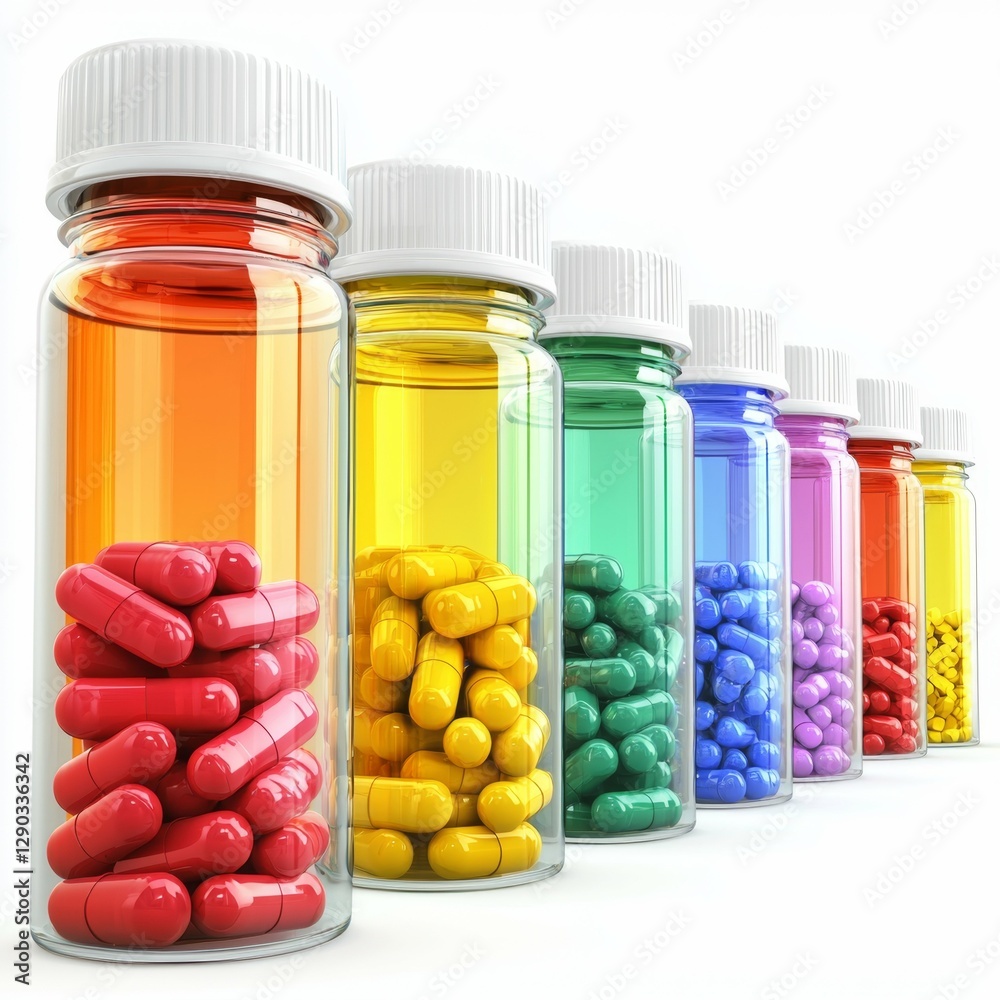 Colorful transparent bottles filled with various capsules arranged in a vibrant spectrum on a clean white background Colorful transparent bottles filled with various capsules arranged in a vibrant spectrum on a clean white background