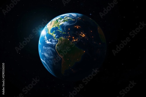 Depiction of Earth viewed from space, showcasing the luminous city lights
