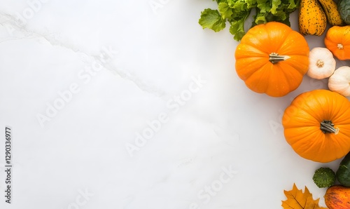 Composition of fall orange pumpkins and other vegetables on a light background, Generative AI photo