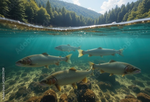 Trout swimming in a crystal clear alpine lake on a sunny day