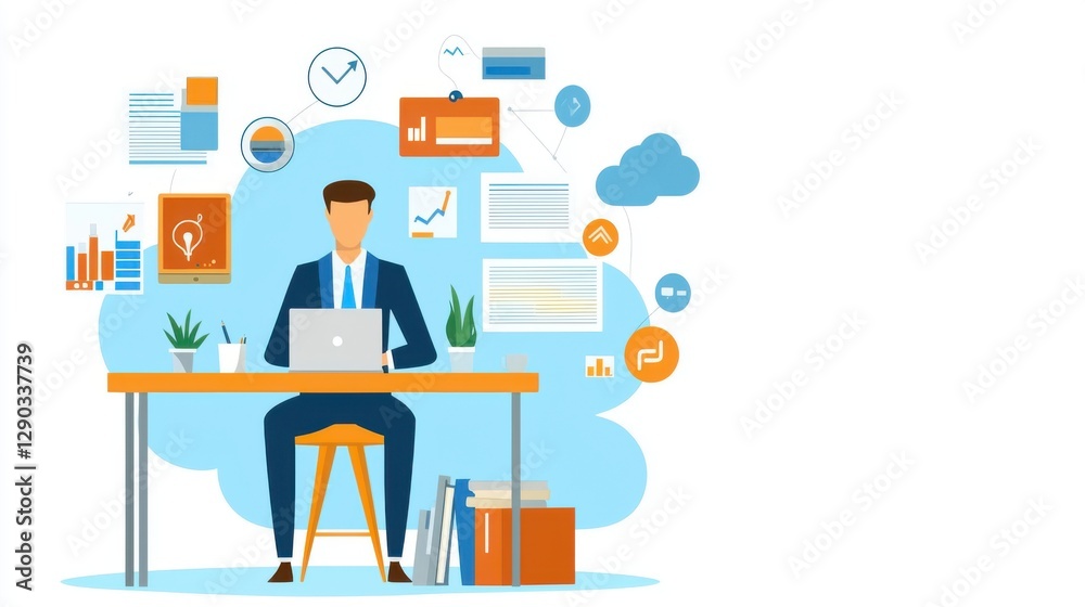 Cloud Computing Software Latency. A man working on a laptop surrounded by digital elements and documents. Cloud Computing Software Latency. A man working on a laptop surrounded by digital elements and documents.