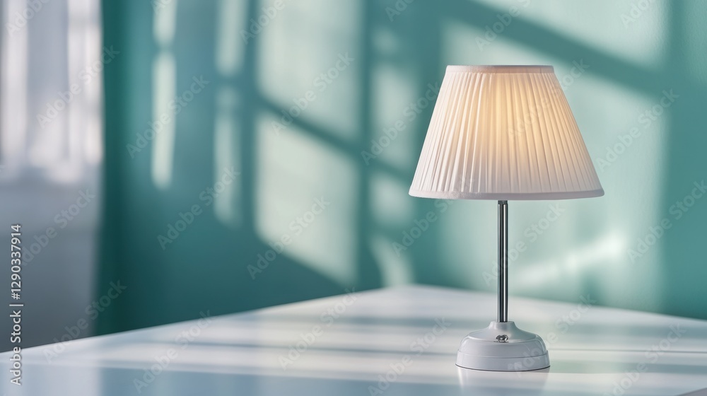 Obraz premium A simple lamp on a white table, reflection on the glass.