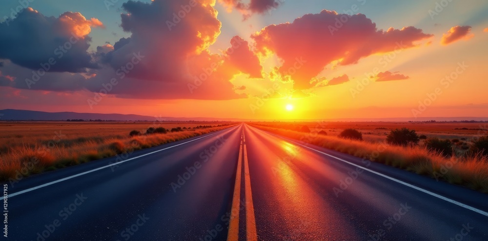 Naklejka premium Sun-drenched asphalt road stretching to a vibrant sunset , way, warm, desert