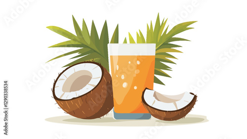 A digital illustration depicting a glass of orange-colored coconut water, accompanied by a whole coconut cut in half, a coconut slice, and lush green palm leaves. The style is cartoonish,