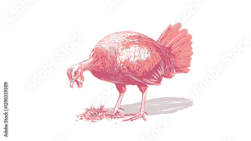 A stylized illustration of a pink turkey depicted in a pen-and-ink style. The turkey is shown in profile view, slightly hunched, seemingly pecking at the ground. The illustration features a