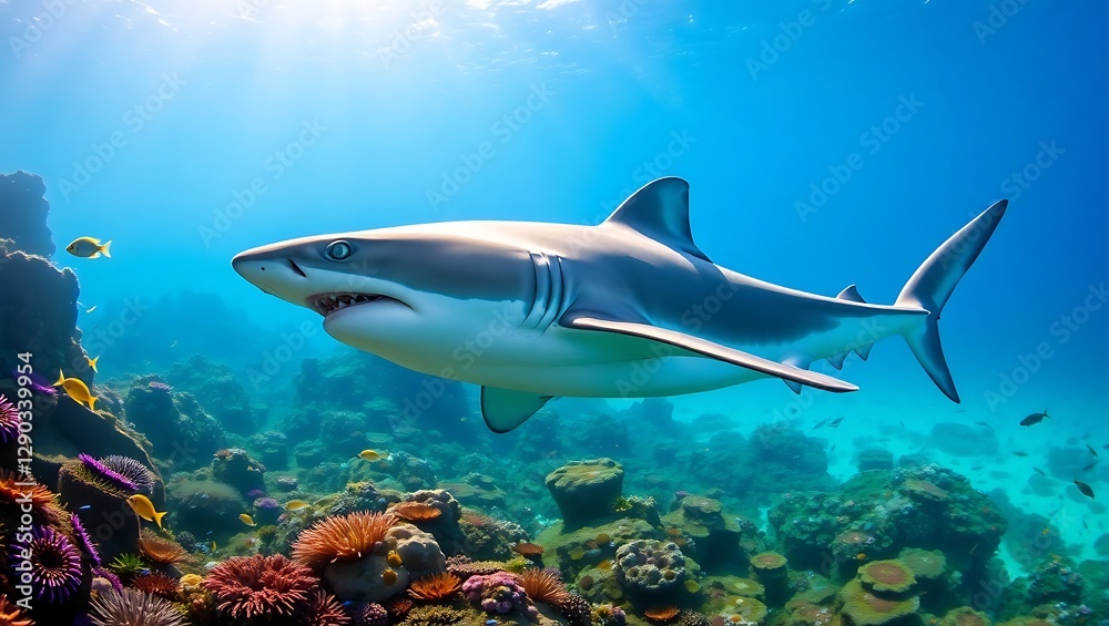 Fototapeta premium White Shark Swimming Through Vibrant Coral Reef in Blue Ocean – Underwater Marine Wildlife Adventure