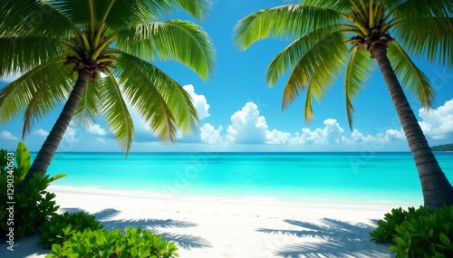 Lush palms frame turquoise ocean, white sand beach , seychelles, island