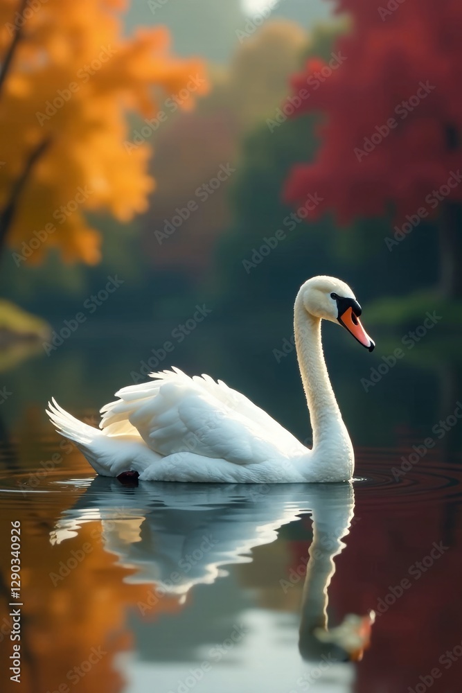 Fototapeta premium Single white swan on tranquil autumn lake, surrounded by colorful foliage, photography, foliage