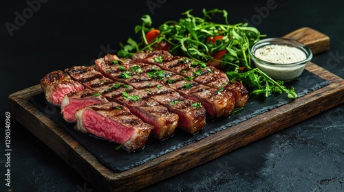 Grilled steak slices on slate board with salad and creamy sauce on dark background. Restaurant food presentation photo