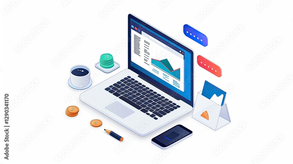 Isometric Workspace with Financial Analytics Isometric Workspace with Financial Analytics