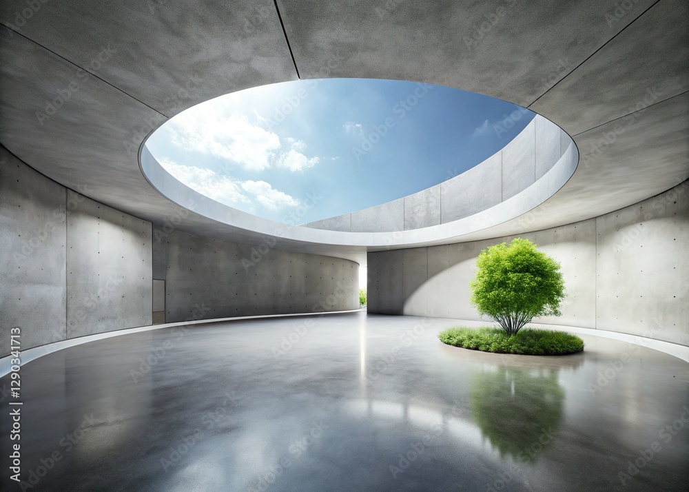 Fototapeta premium Minimalist Concrete Architecture: Empty White Courtyard with Curved Walls â€“ Modern Museum Design