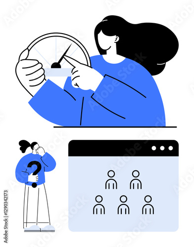 Woman adjusting speedometer, individual holding question mark, and interface with user icons. Ideal for decision-making, evaluation, management, strategy, teamwork, productivity abstract line flat