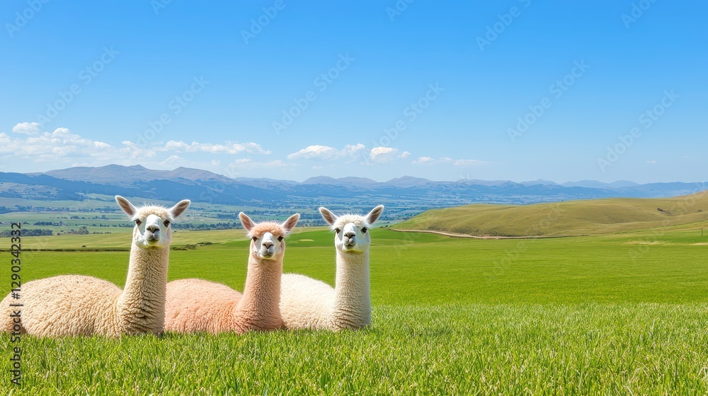 Naklejka premium Three Alpacas Resting in Green Meadow with Mountain View