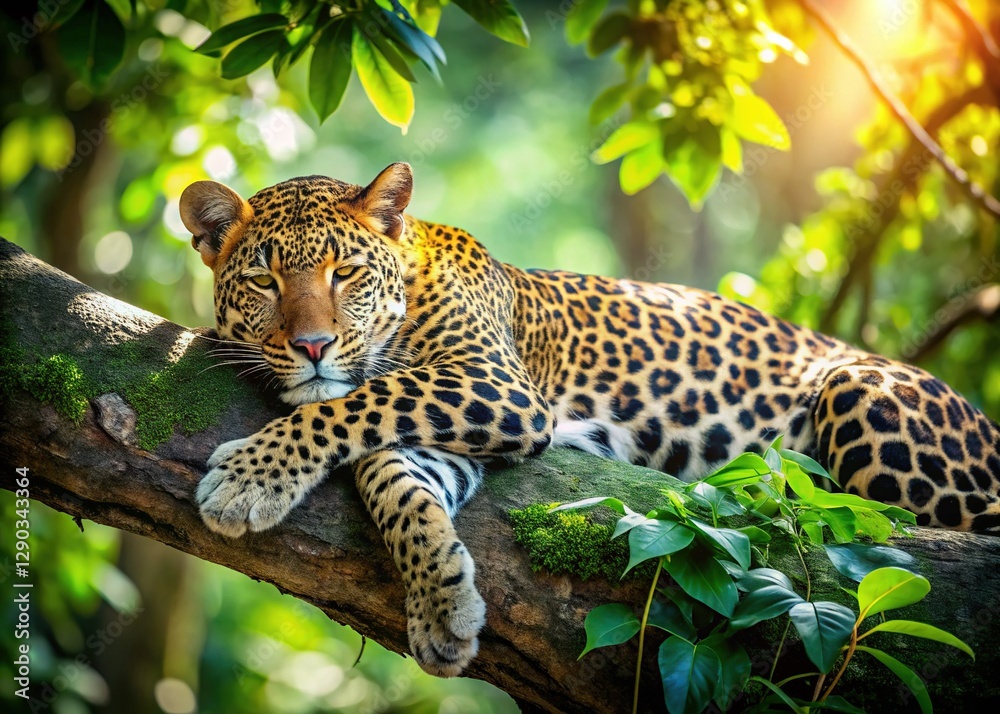 Sleeping Leopard in Rainforest Tree - Wildlife Stock Photo Sleeping Leopard in Rainforest Tree - Wildlife Stock Photo
