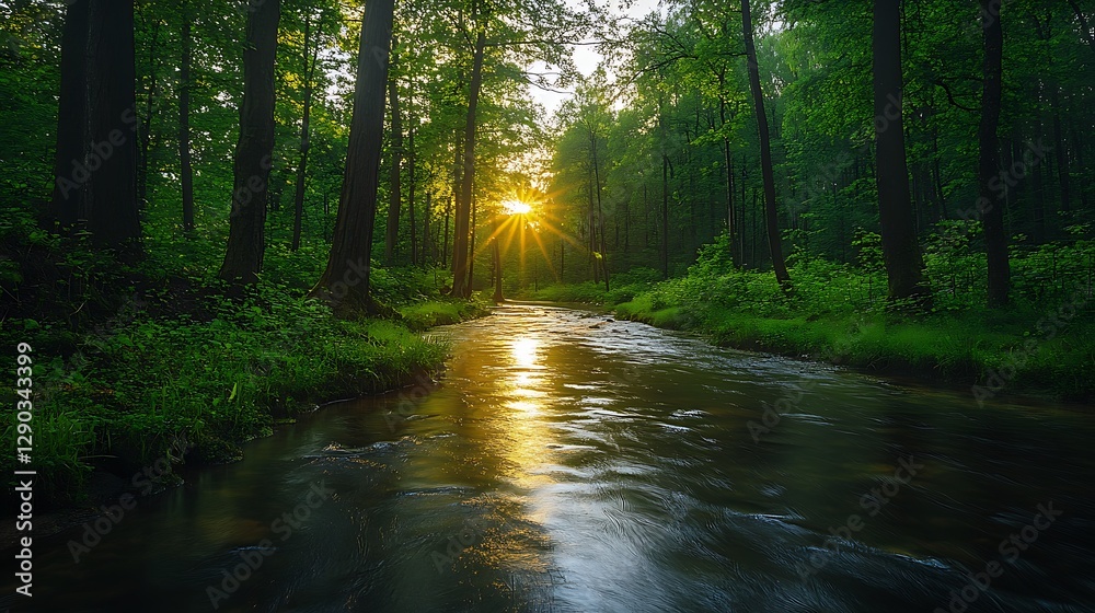 Obraz premium Sunrise forest stream, nature scene