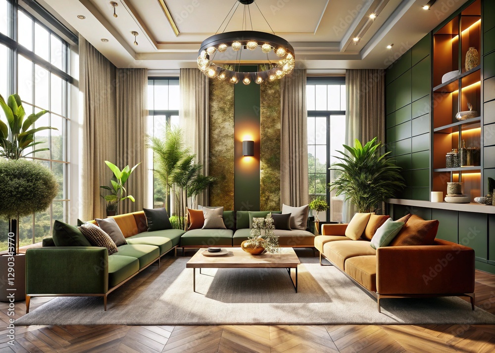 Fototapeta premium Sunlit Luxury Lounge: Elegant Empty Space, Modern Interior Design, Natural Light