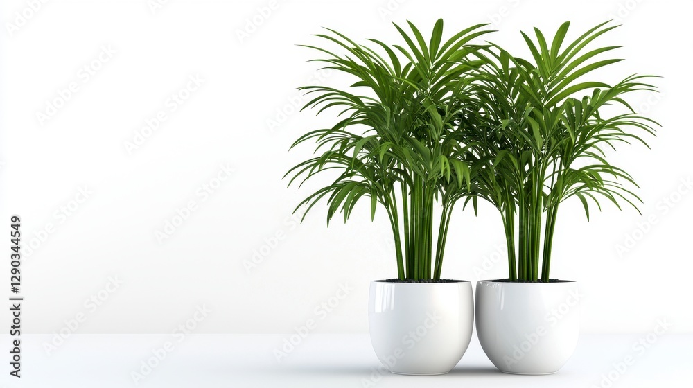 Two Lush Houseplants In White Pots On A White Background Two Lush Houseplants In White Pots On A White Background