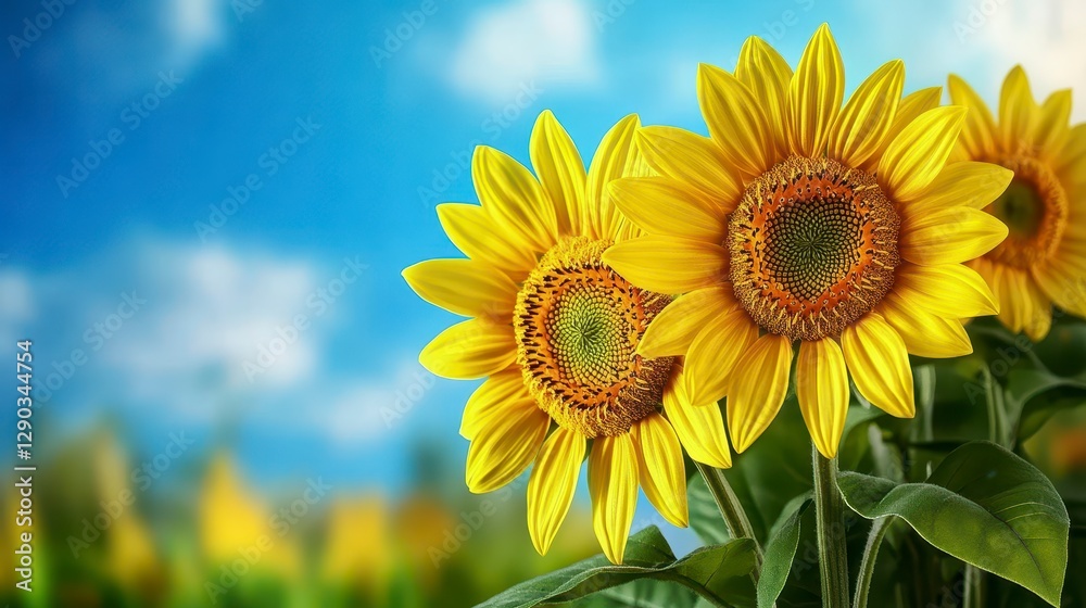 Two Vibrant Yellow Sunflowers Against Vivid Blue Sky Two Vibrant Yellow Sunflowers Against Vivid Blue Sky