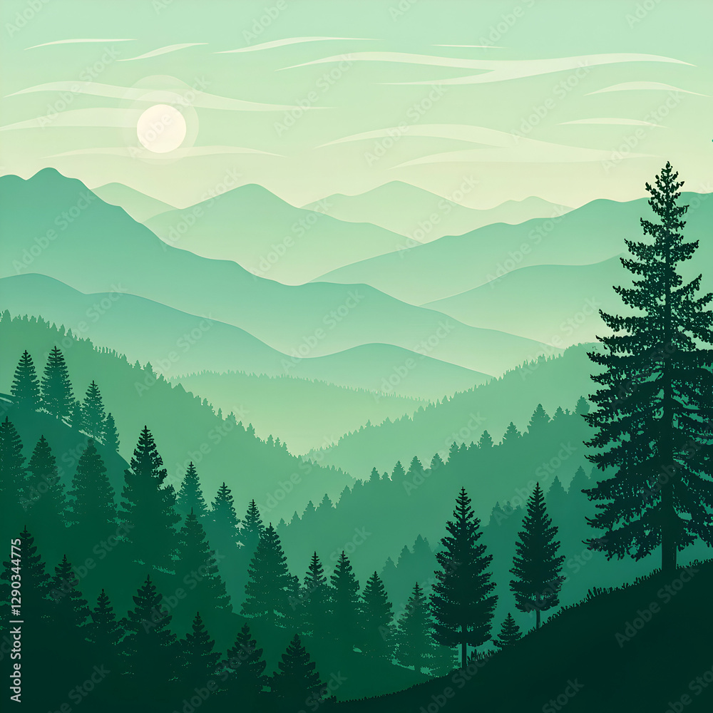 Fototapeta premium Misty Mountain Landscape: Green Forest Scenery