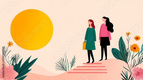Two Women Looking At Sunset On Steps With Floral Background