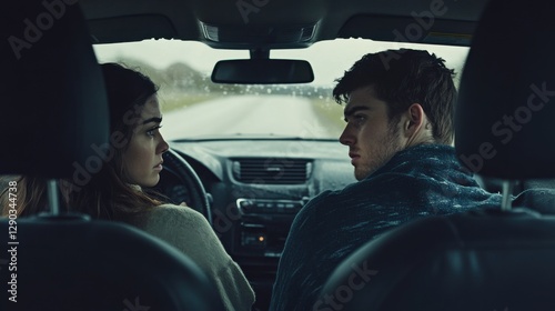 Relationship tension in a car during a long drive. Featuring quiet disagreement and discomfort